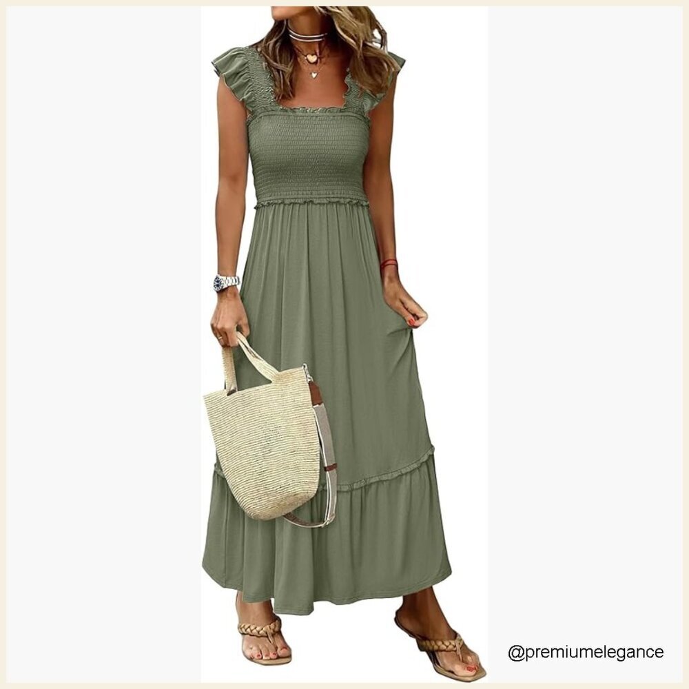 Sleeveless Maxi Dress Square Neck Smocked Boho Casual Ruffle Strap Flowy A-Line